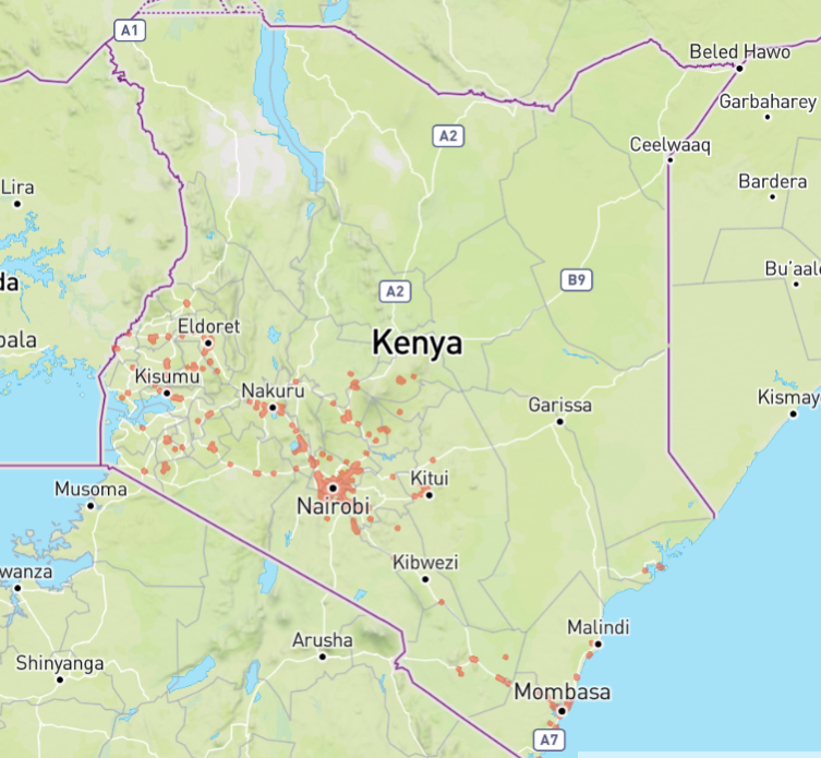 Zasięg sieci 4G LTE operatrora Safaricom